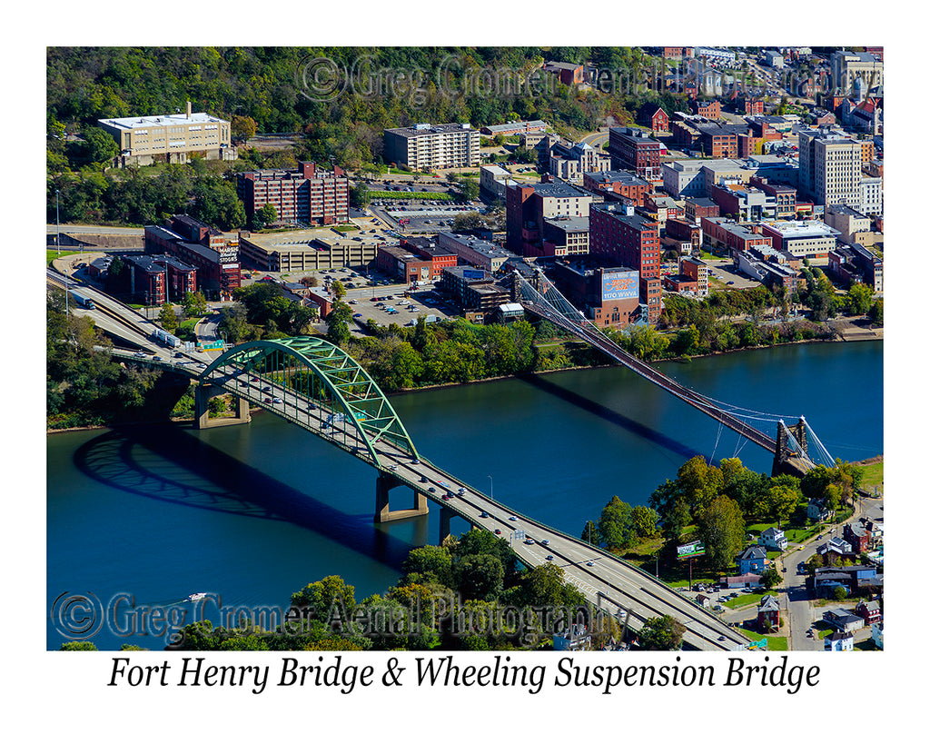 Aerial Photo of Fort Henry Bridge and Wheeling Suspension Bridge, Wheeling, West Virginia